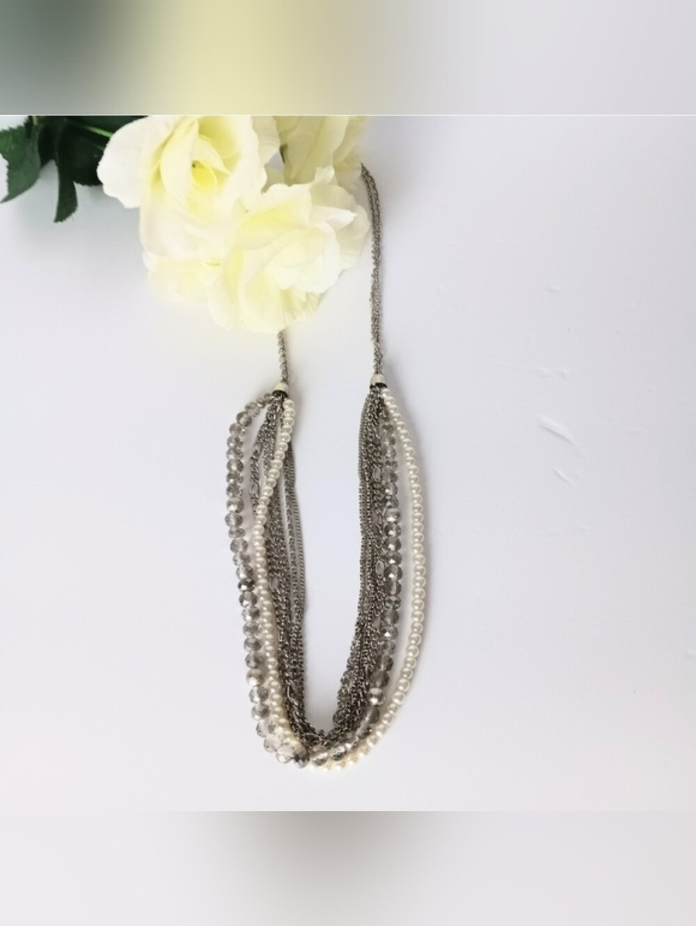 Elegant Multi-Strand Women Pearl And Silvertone Necklace With Faceted Beads